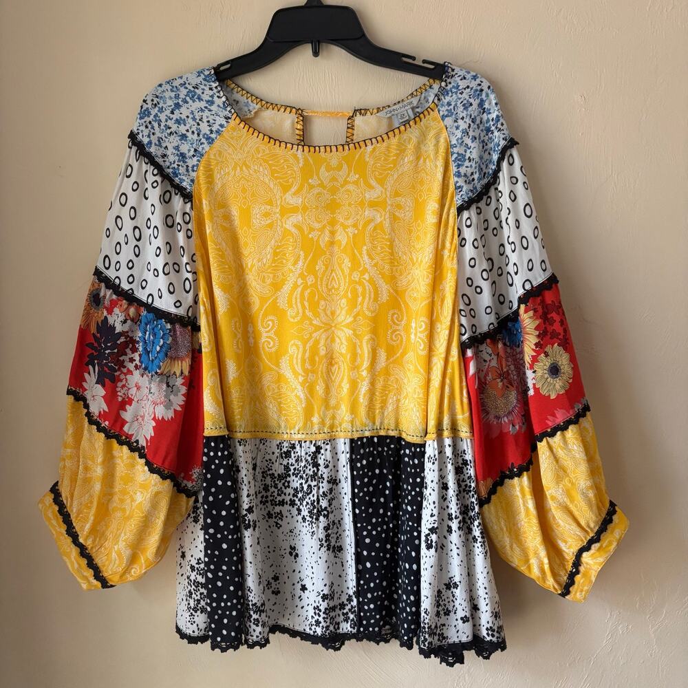 John Mark 2X Boho Patchwork Peasant Blouse Mixed Print Bell Sleeve Plus Size